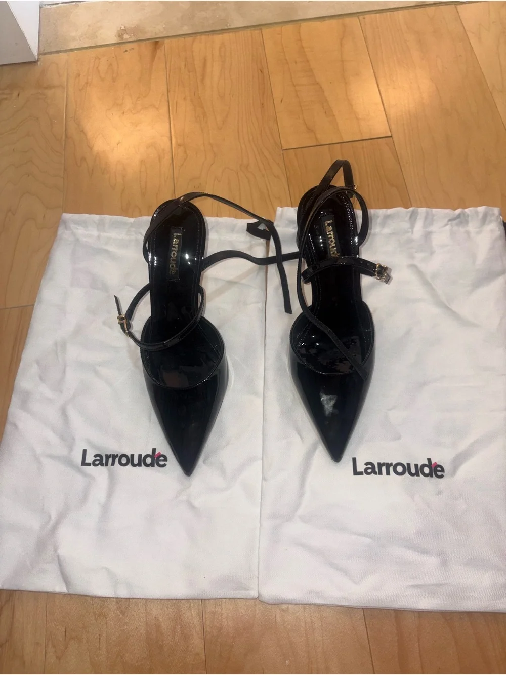 Larroude Black Patent Pointed Ankle-Strap Heels